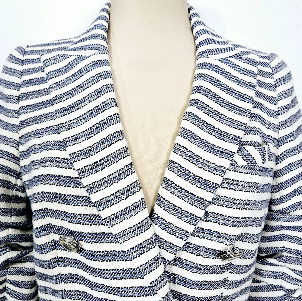 Veronica Beard Ryland Striped Cotton-Blend Tweed Blazer in Blue and White Size 8 - Picture 5 of 15